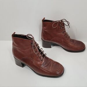 Bally Bejart Cognac Brown Leather Lace Up Block Heel Ankle Boots Women 38.5 US 8